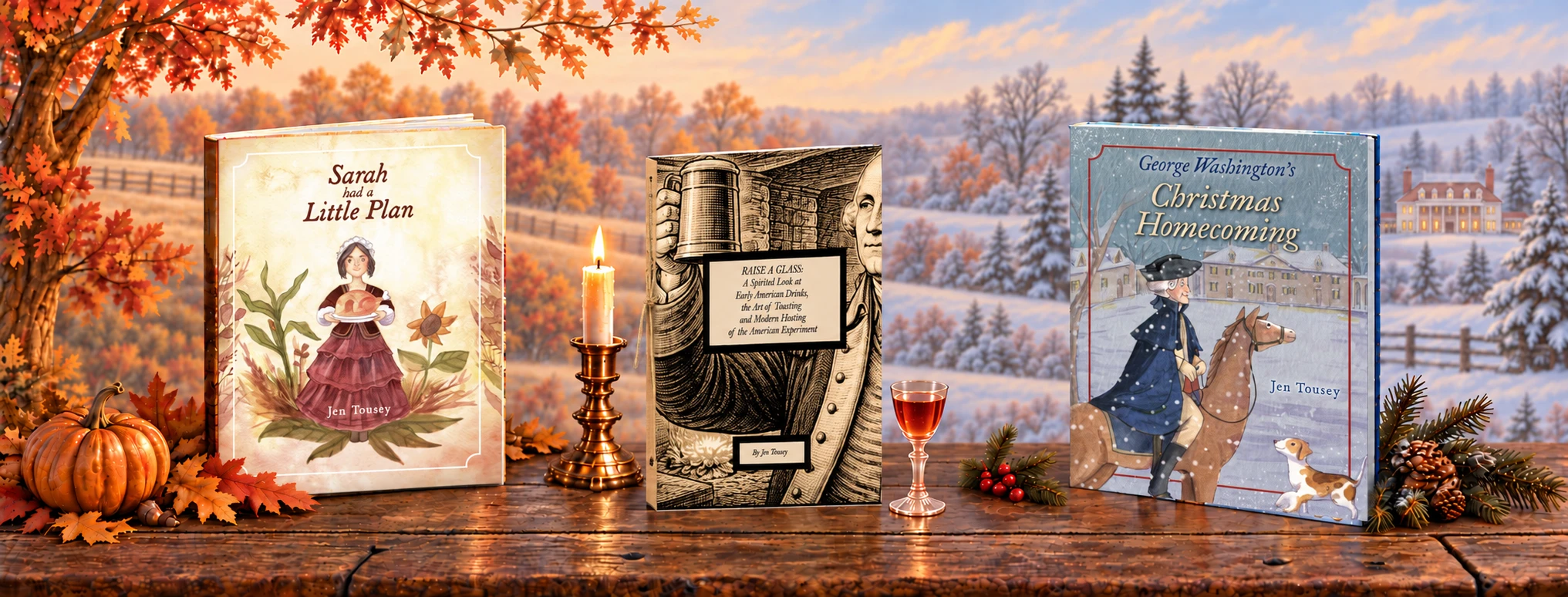 Jen’s three historical books: Sarah Had a Little Plan, Raise a Glass, and George Washington’s Christmas Homecoming