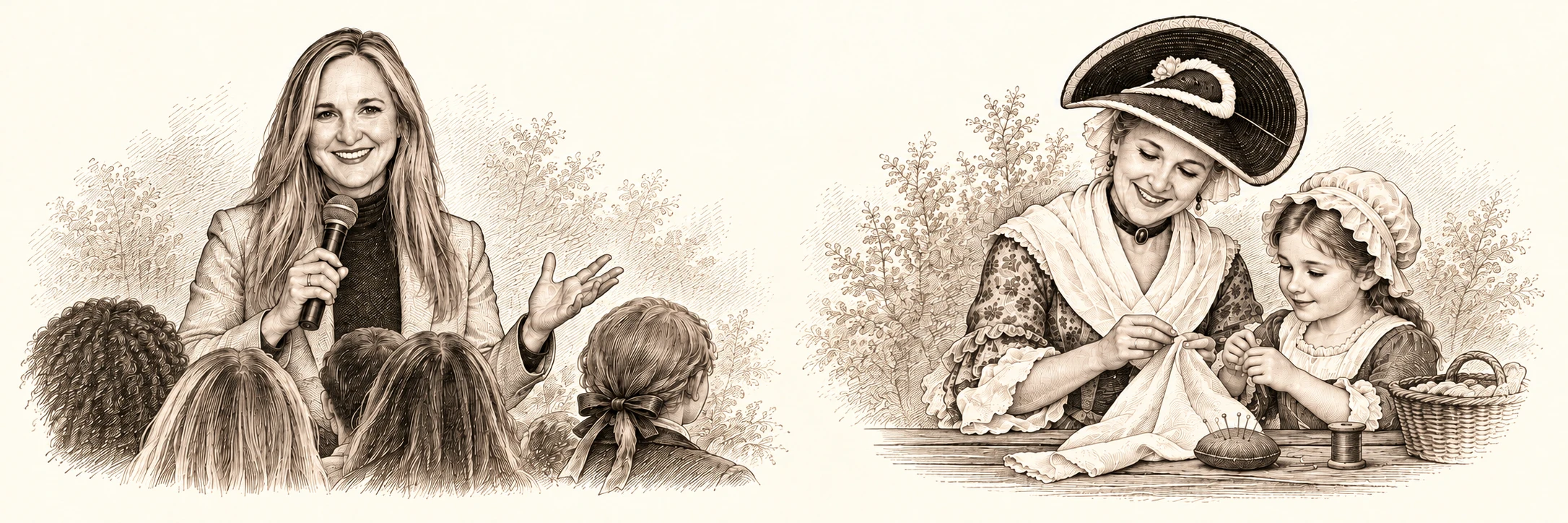 Engraved illustrations of Jen sharing stories with an audience and teaching a child to sew