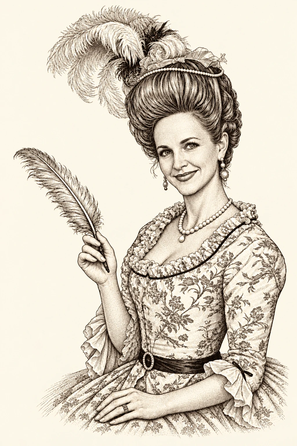 Engraved portrait of Jen in a formal eighteenth-century gown and feathered headdress, holding a quill
