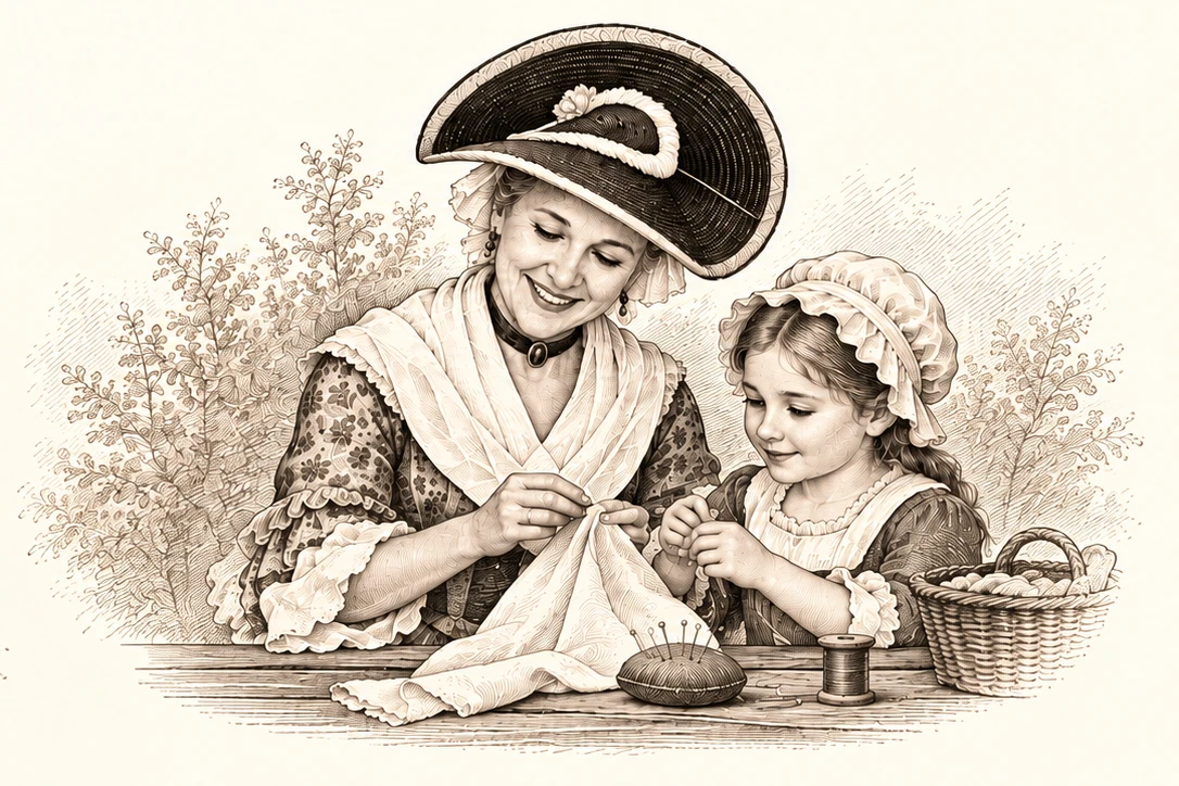 Engraving of Jen in eighteenth-century attire teaching a young girl historic sewing